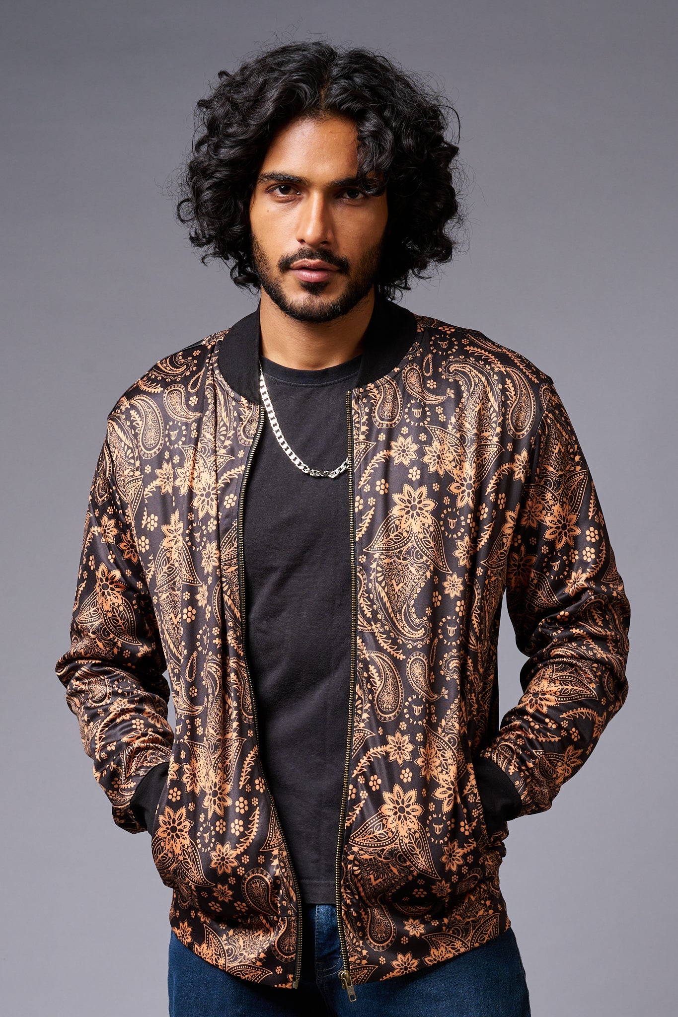 Paisely Design Printed (in brown) Black Bomber Jacket for Men - Go Devil