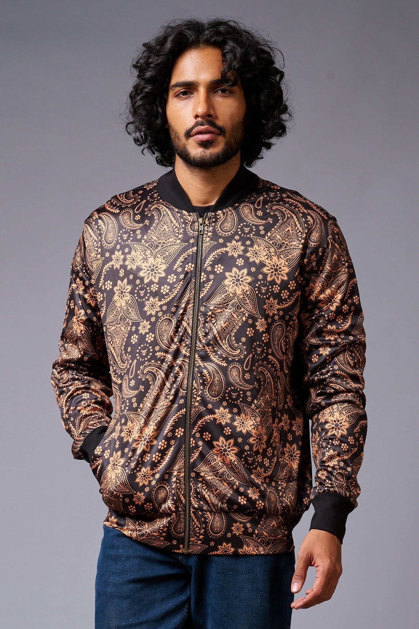 Paisely Design Printed (in brown) Black Bomber Jacket for Men - Go Devil