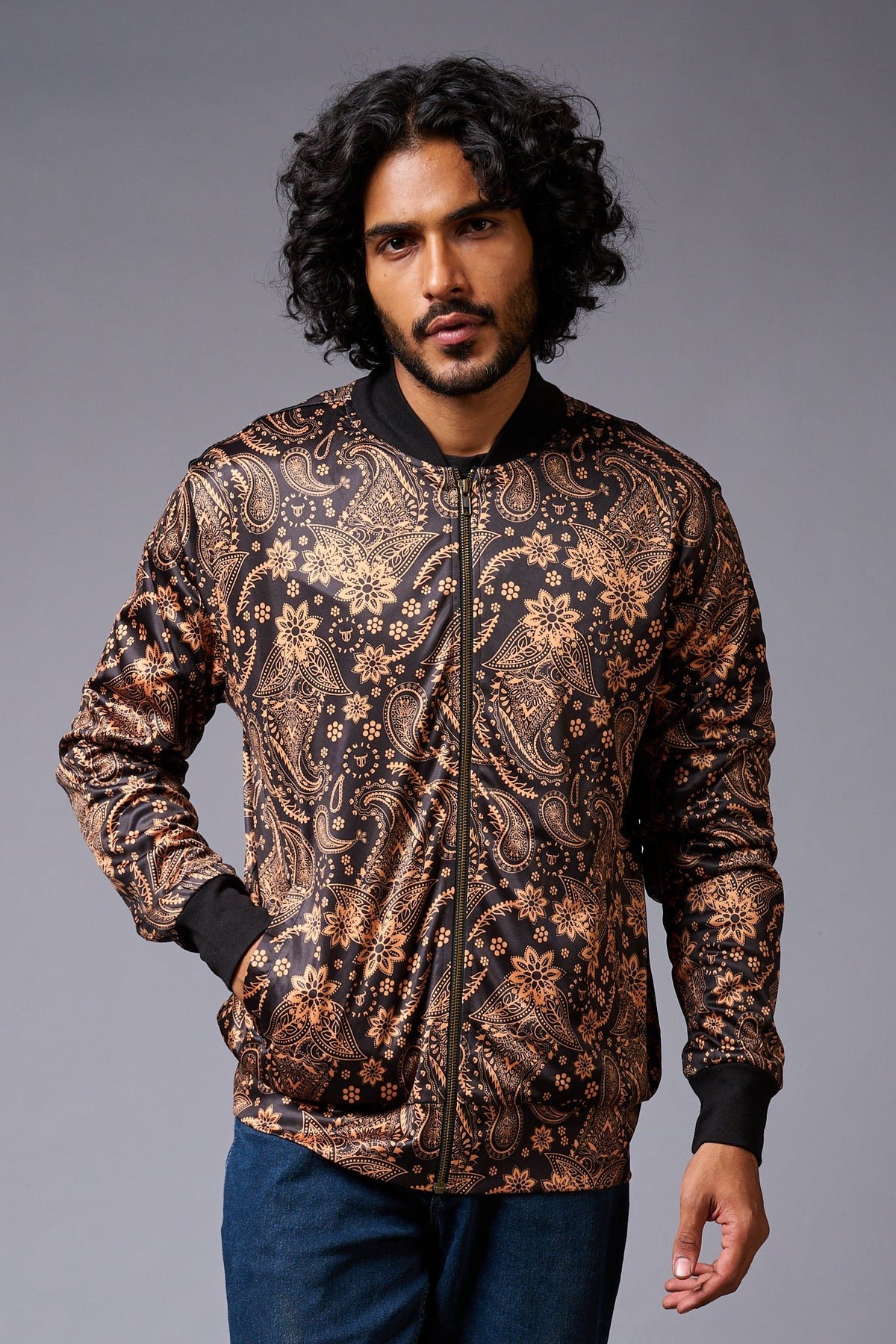 Paisely Design Printed (in brown) Black Bomber Jacket for Men - Go Devil