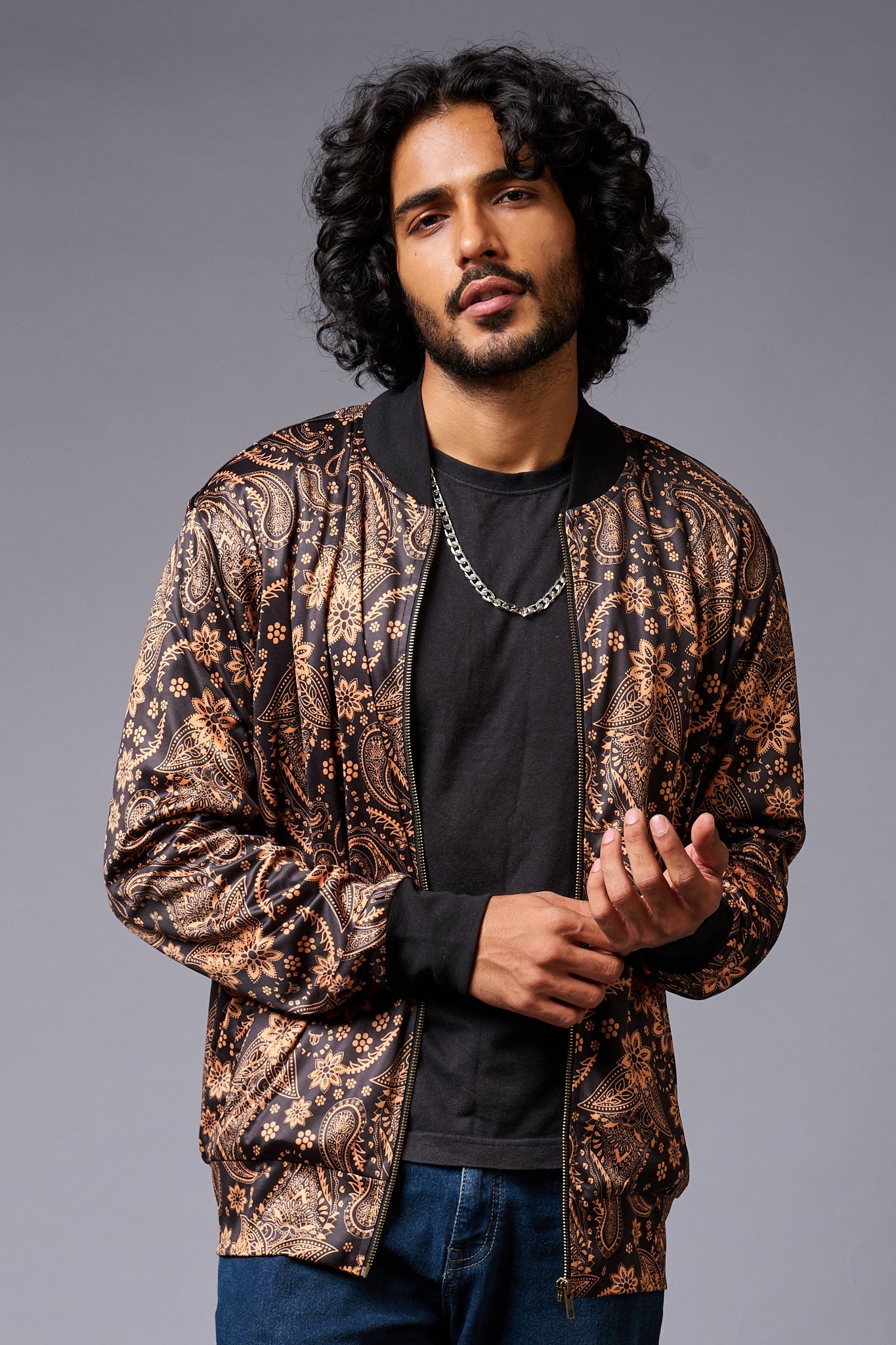 Paisely Design Printed (in brown) Black Bomber Jacket for Men - Go Devil