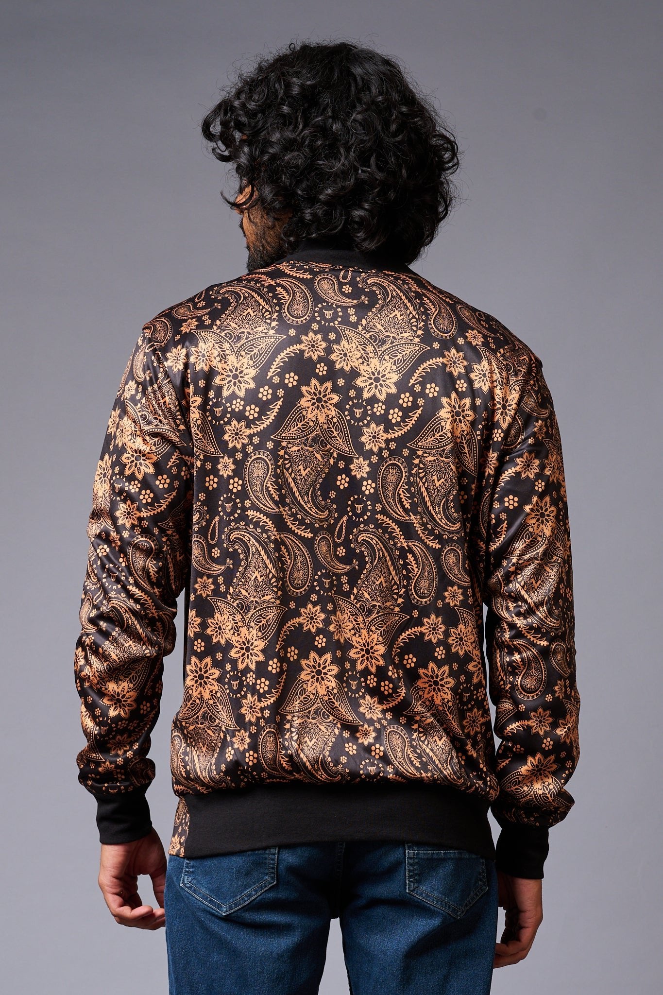 Paisely Design Printed (in brown) Black Bomber Jacket for Men - Go Devil