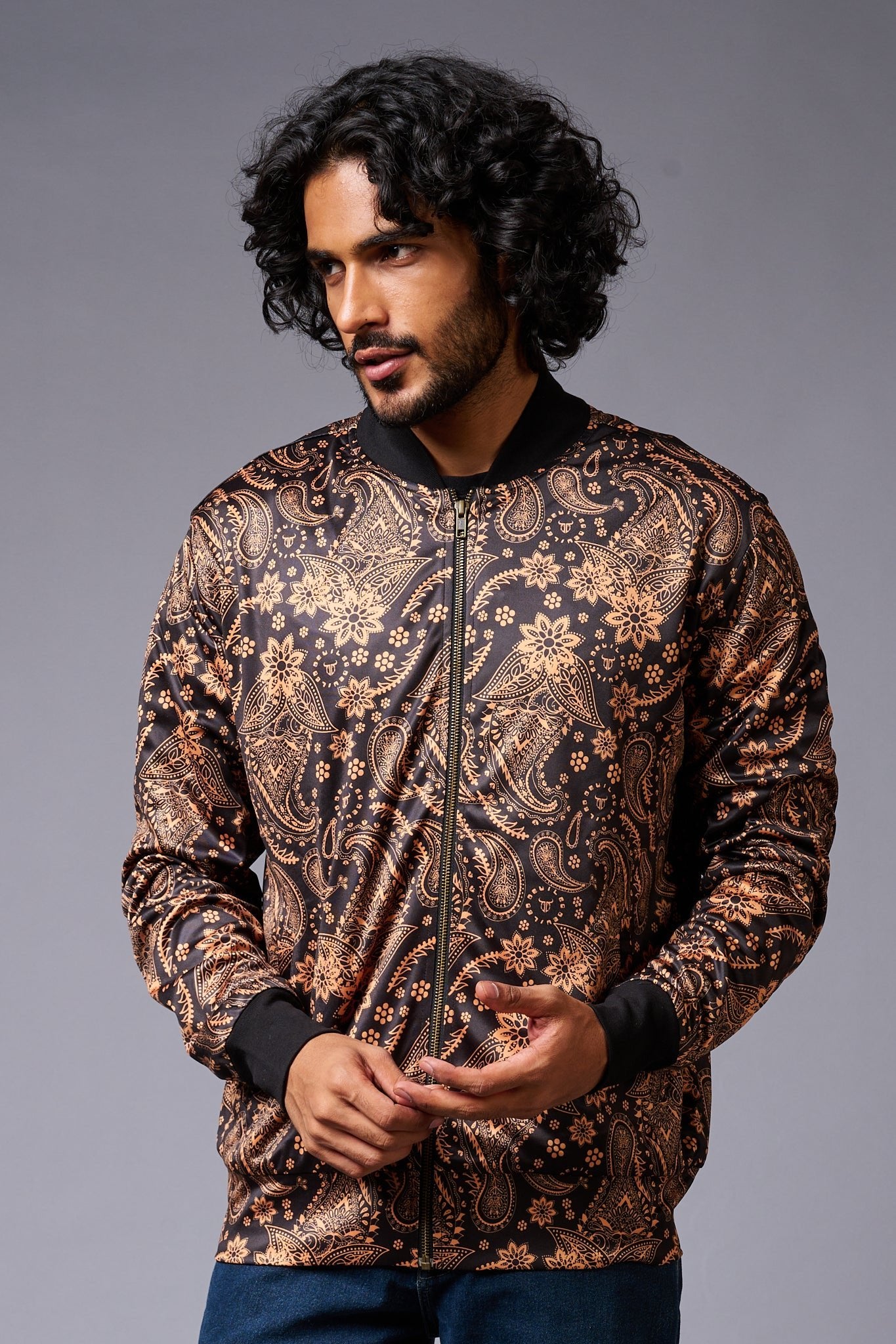 Paisely Design Printed (in brown) Black Bomber Jacket for Men - Go Devil