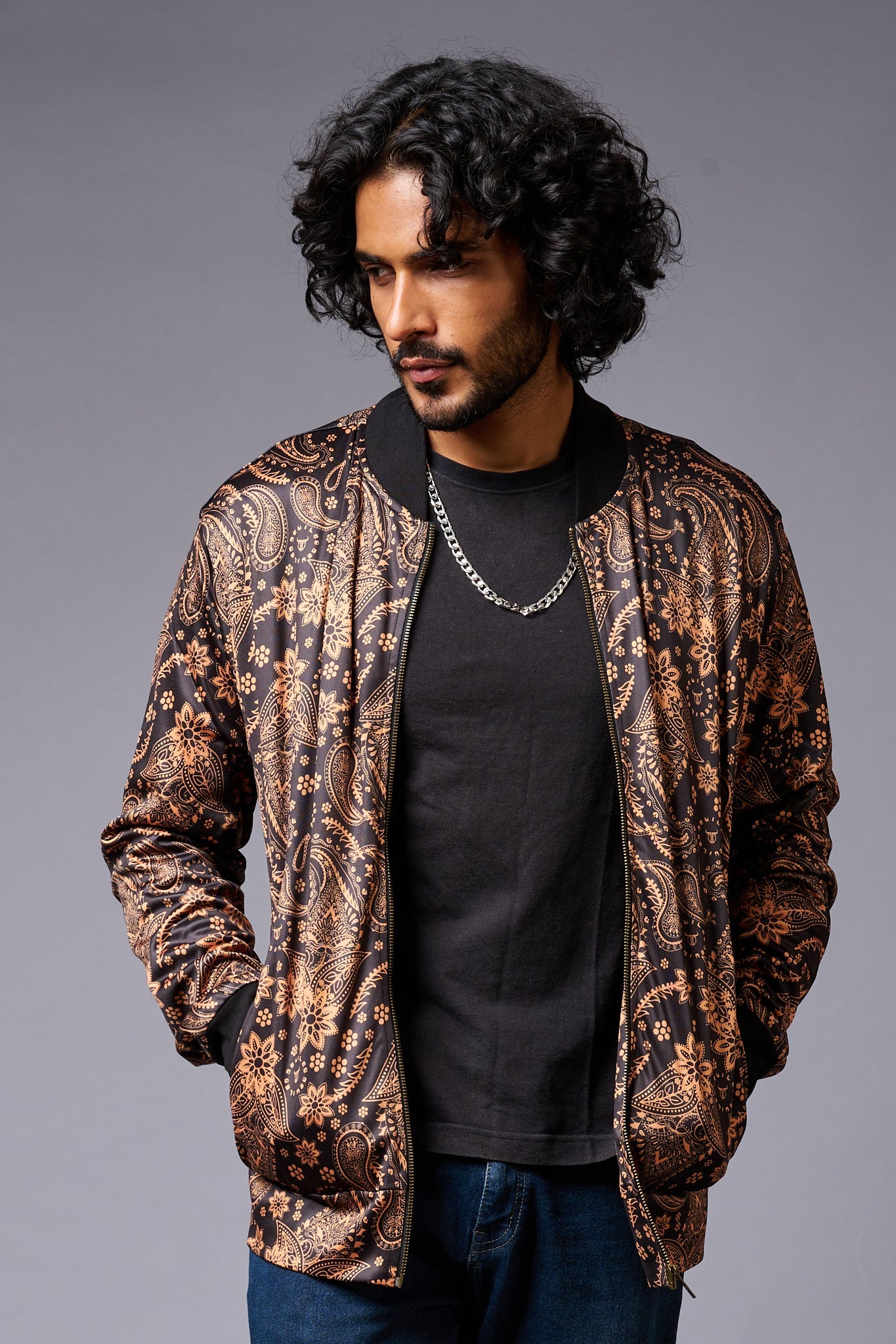 Paisely Design Printed (in brown) Black Bomber Jacket for Men - Go Devil