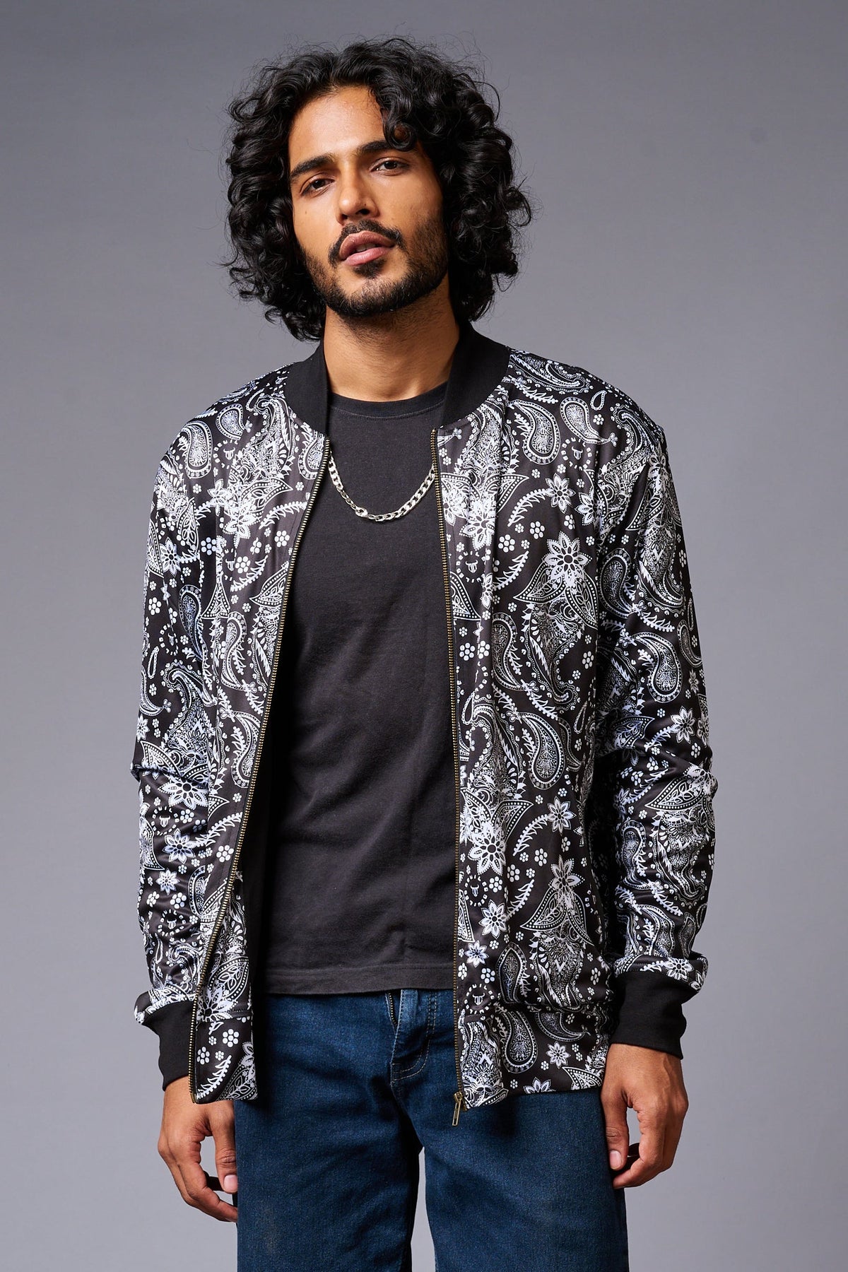 Paisely Design Printed (in white) Black Bomber Jacket for Men - Go Devil