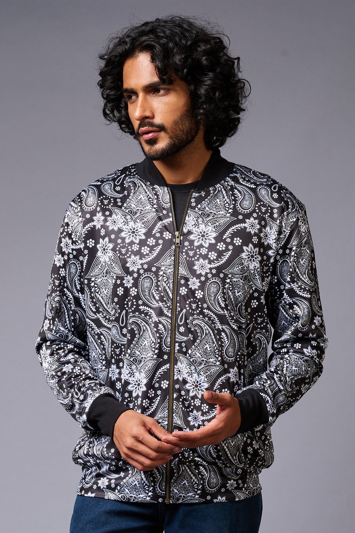 Paisely Design Printed (in white) Black Bomber Jacket for Men - Go Devil