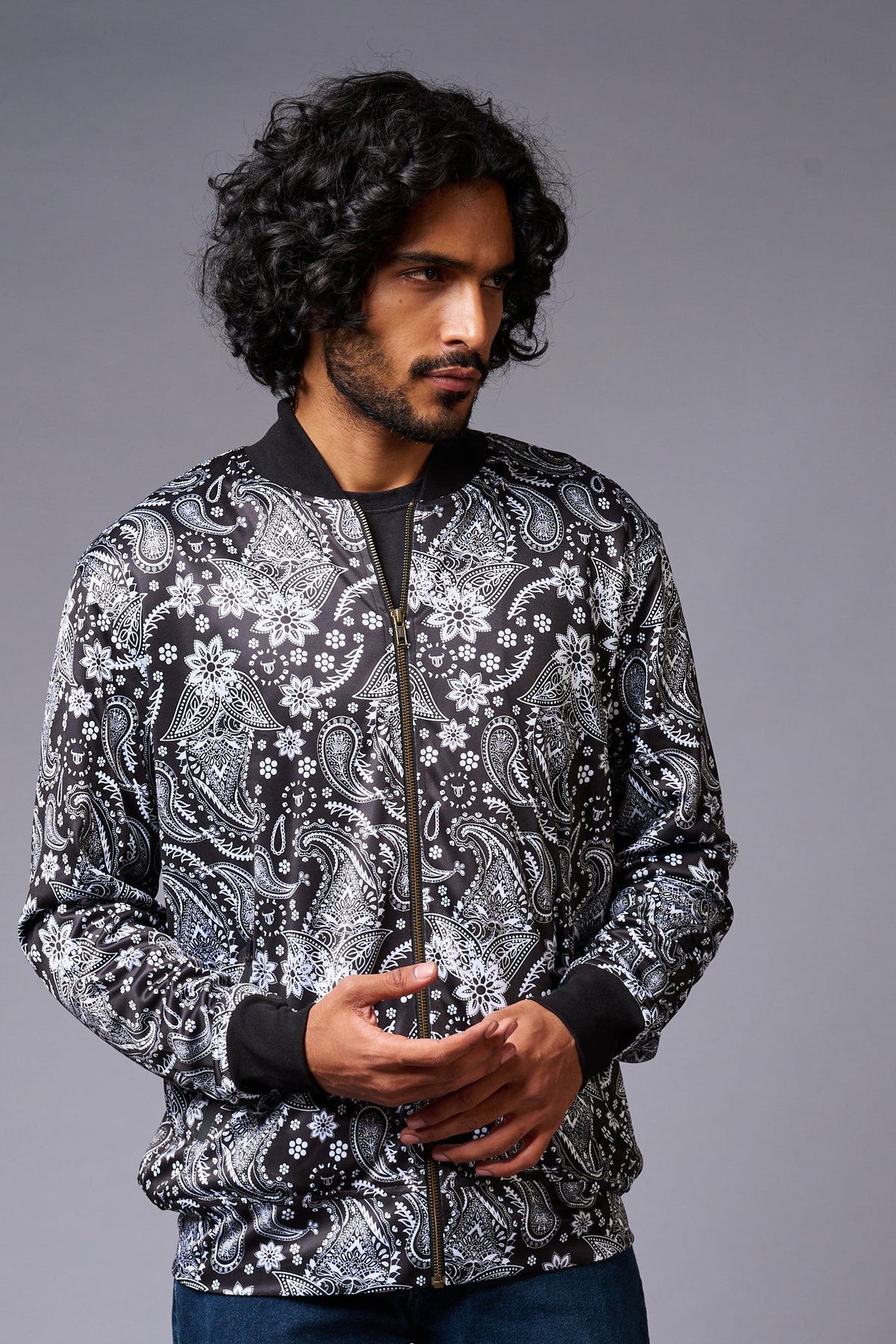 Paisely Design Printed (in white) Black Bomber Jacket for Men - Go Devil