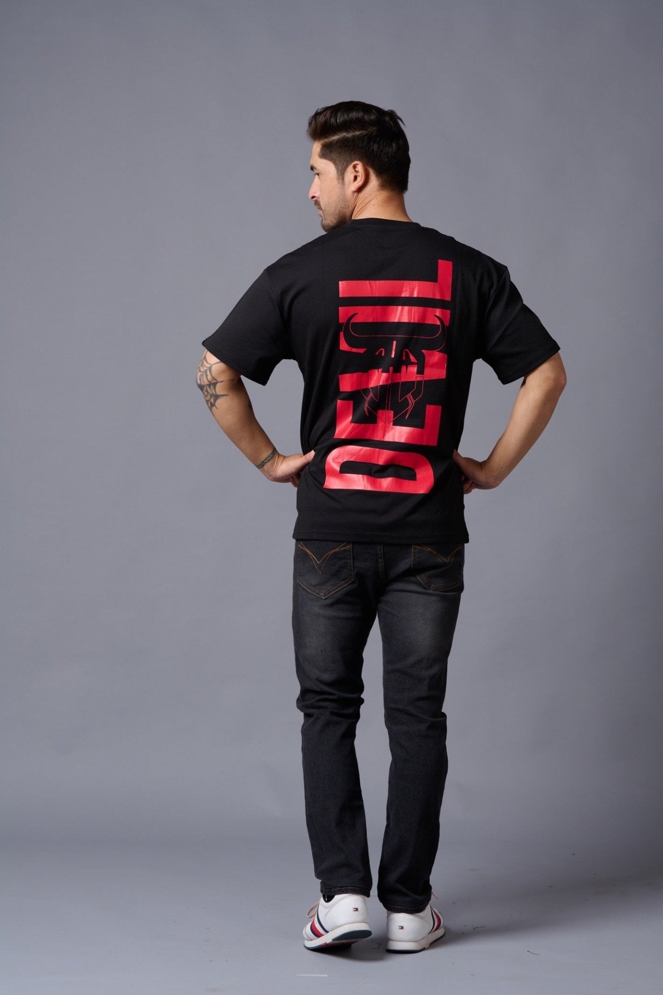 Red t shirt sales black jeans