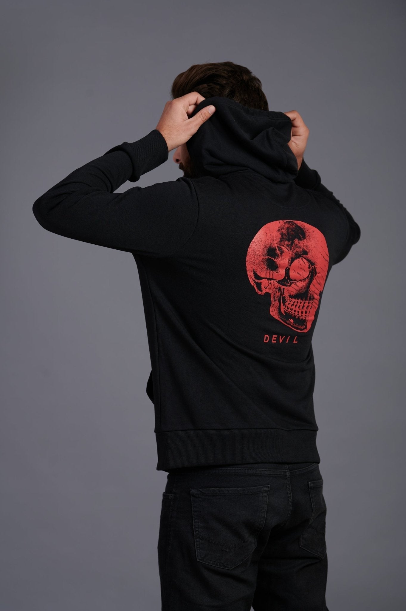 Red Skull Printed Black Zipper Hoodie for Men - Go Devil