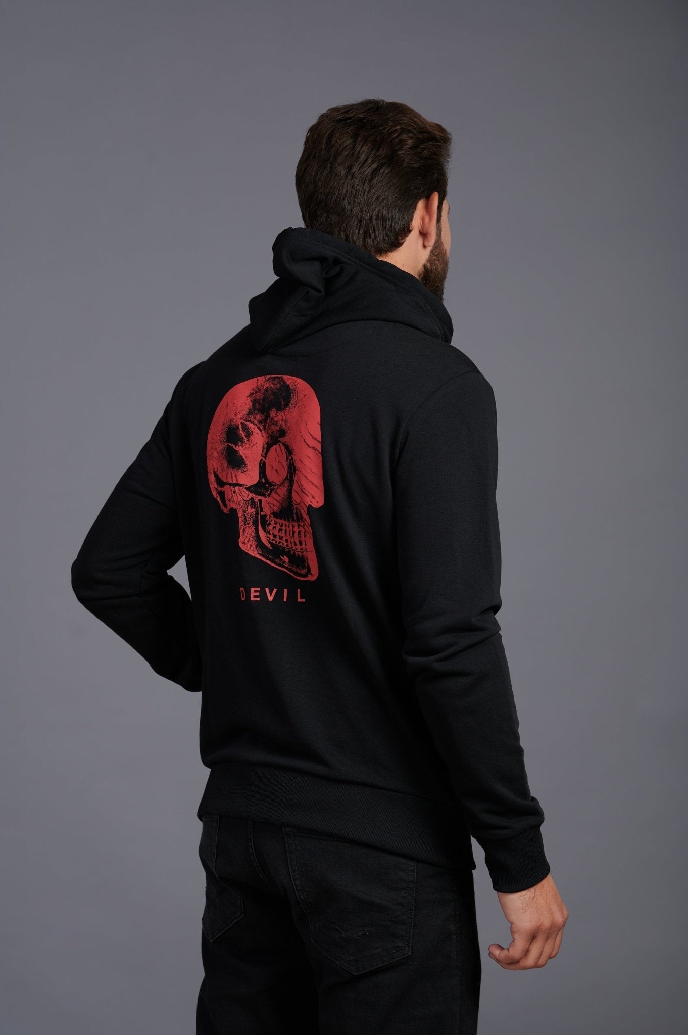 Red Skull Printed Black Zipper Hoodie for Men - Go Devil