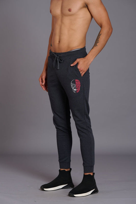 Red Skull & Warrior Printed Dark Grey Joggers for Men - Go Devil