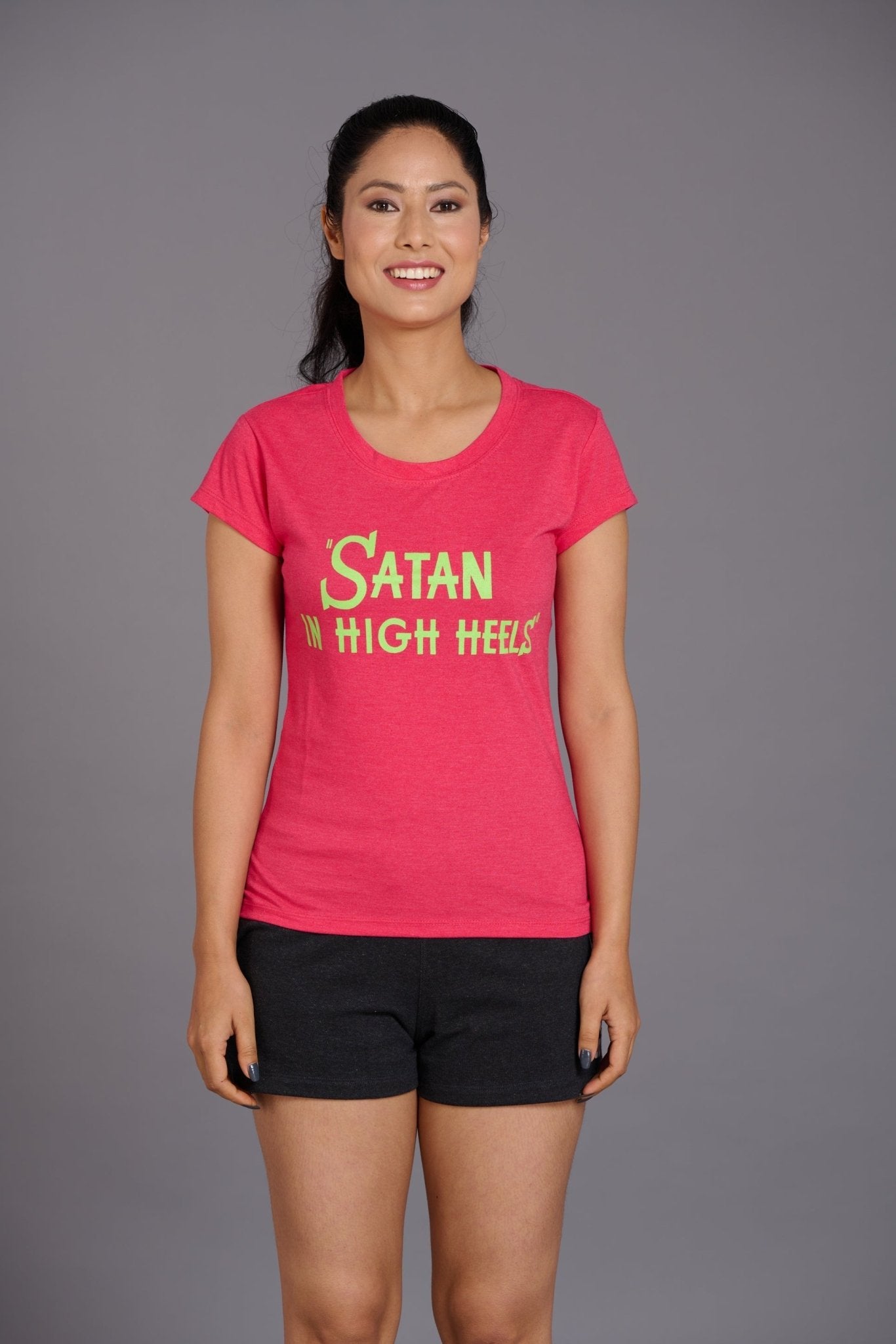 Satan In High Heels Pink Melange Oversized T-Shirt for Women - Go Devil