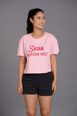 Satan in High Heels Printed Light Pink Oversized T-Shirt for Women - Go Devil