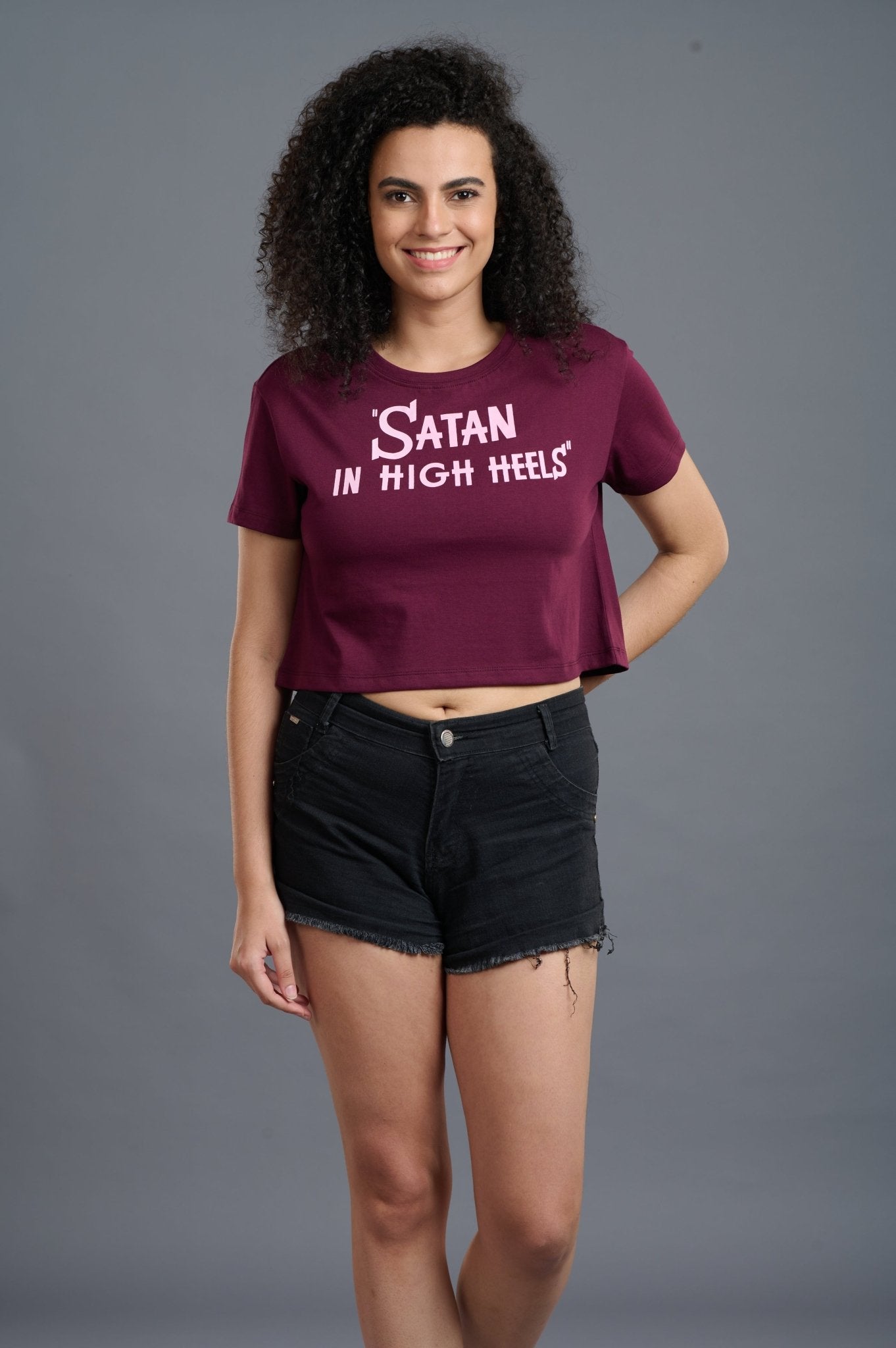 Satan In High Heels Printed Maroon Crop Top for Women - Go Devil