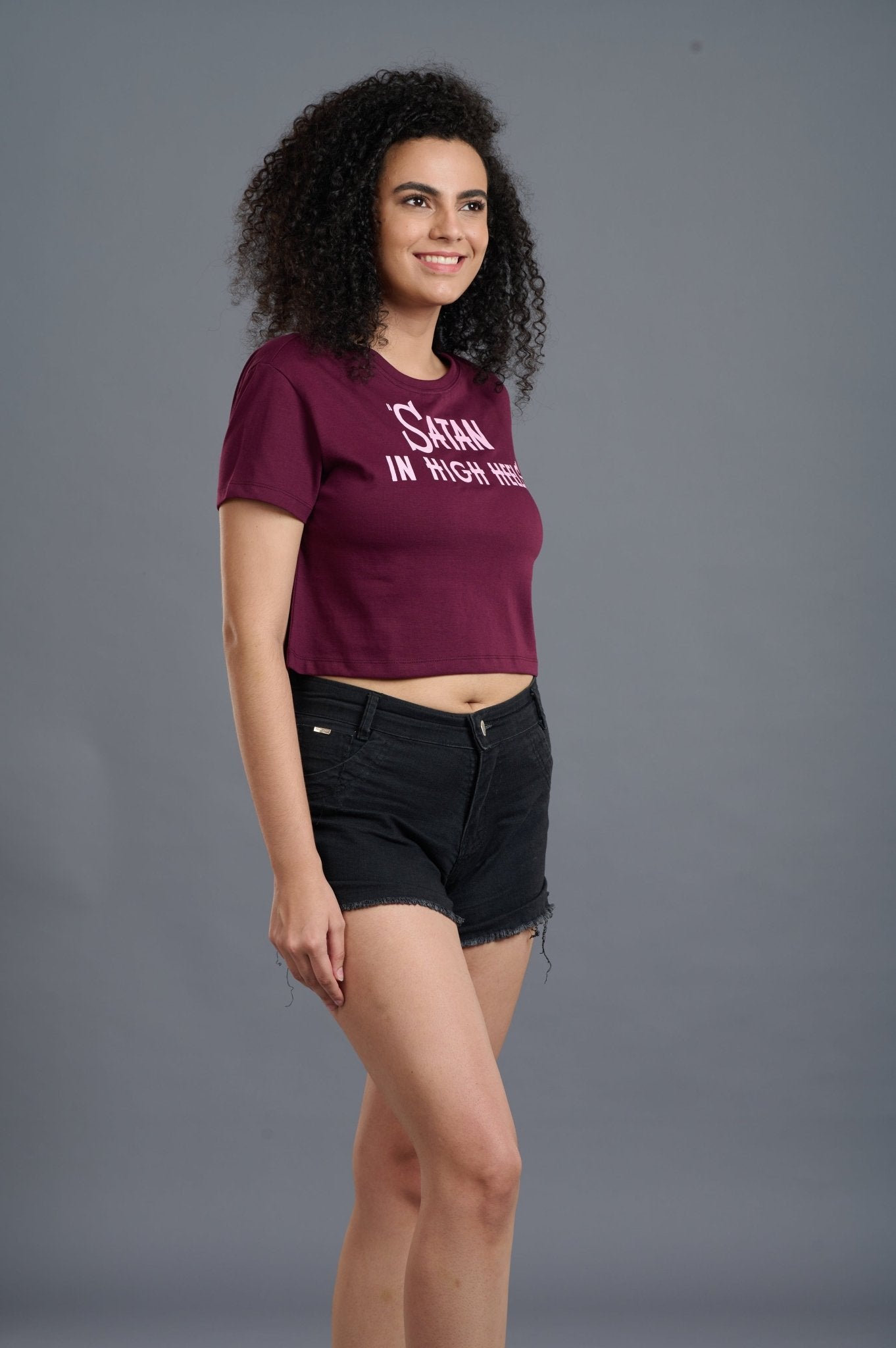 Satan In High Heels Printed Maroon Crop Top for Women - Go Devil