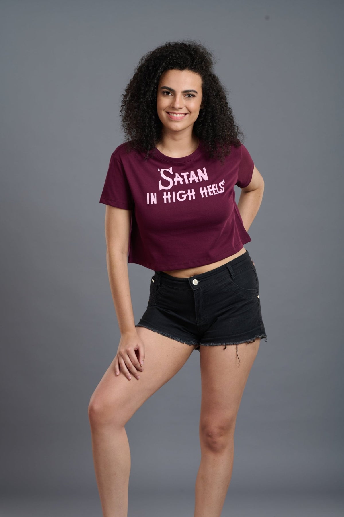 Satan In High Heels Printed Maroon Crop Top for Women - Go Devil