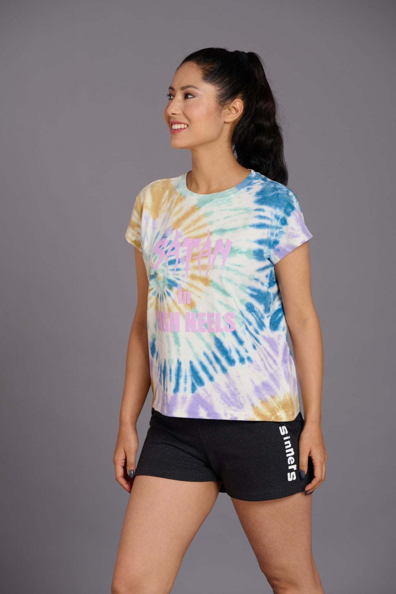 Satan in High Heels Printed Multi-color T-Shirt for Women - Go Devil