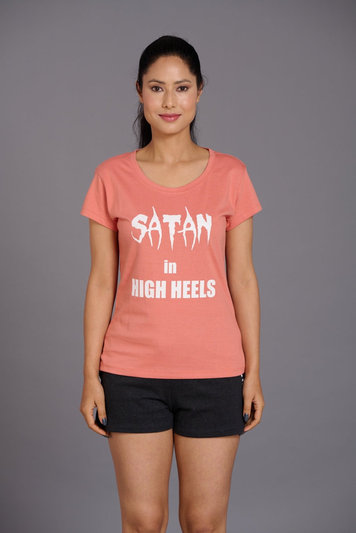 Satan in High Heels Printed Oversized T-Shirt for Women - Go Devil