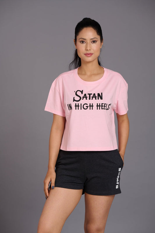 Satan In High Heels Printed Pink Oversized T-Shirt for Women - Go Devil