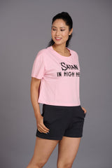 Satan In High Heels Printed Pink Oversized T-Shirt for Women - Go Devil