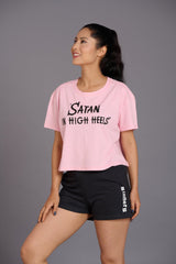 Satan In High Heels Printed Pink Oversized T-Shirt for Women - Go Devil