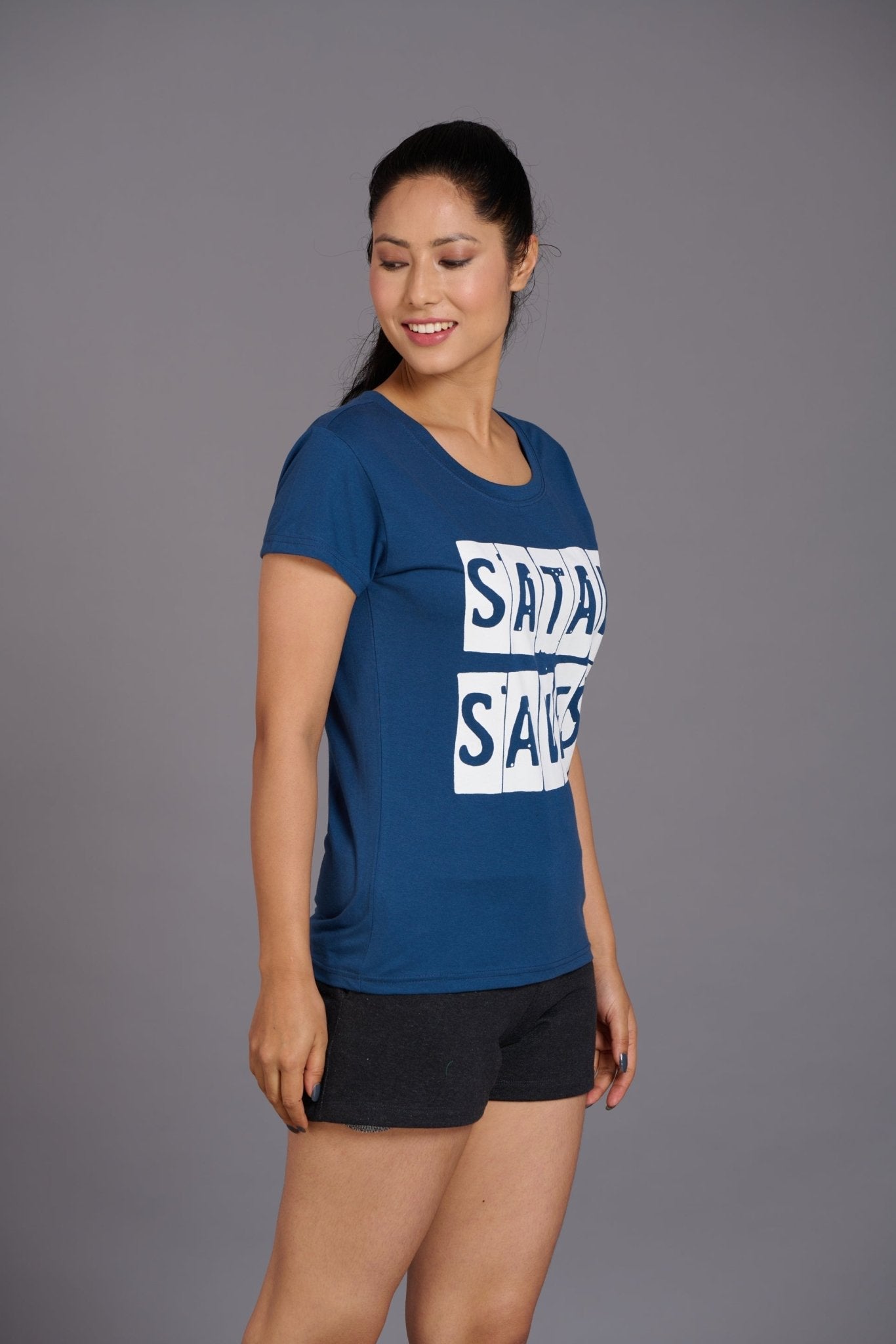 Satan Saves Printed Navy Blue T-Shirt for Women - Go Devil