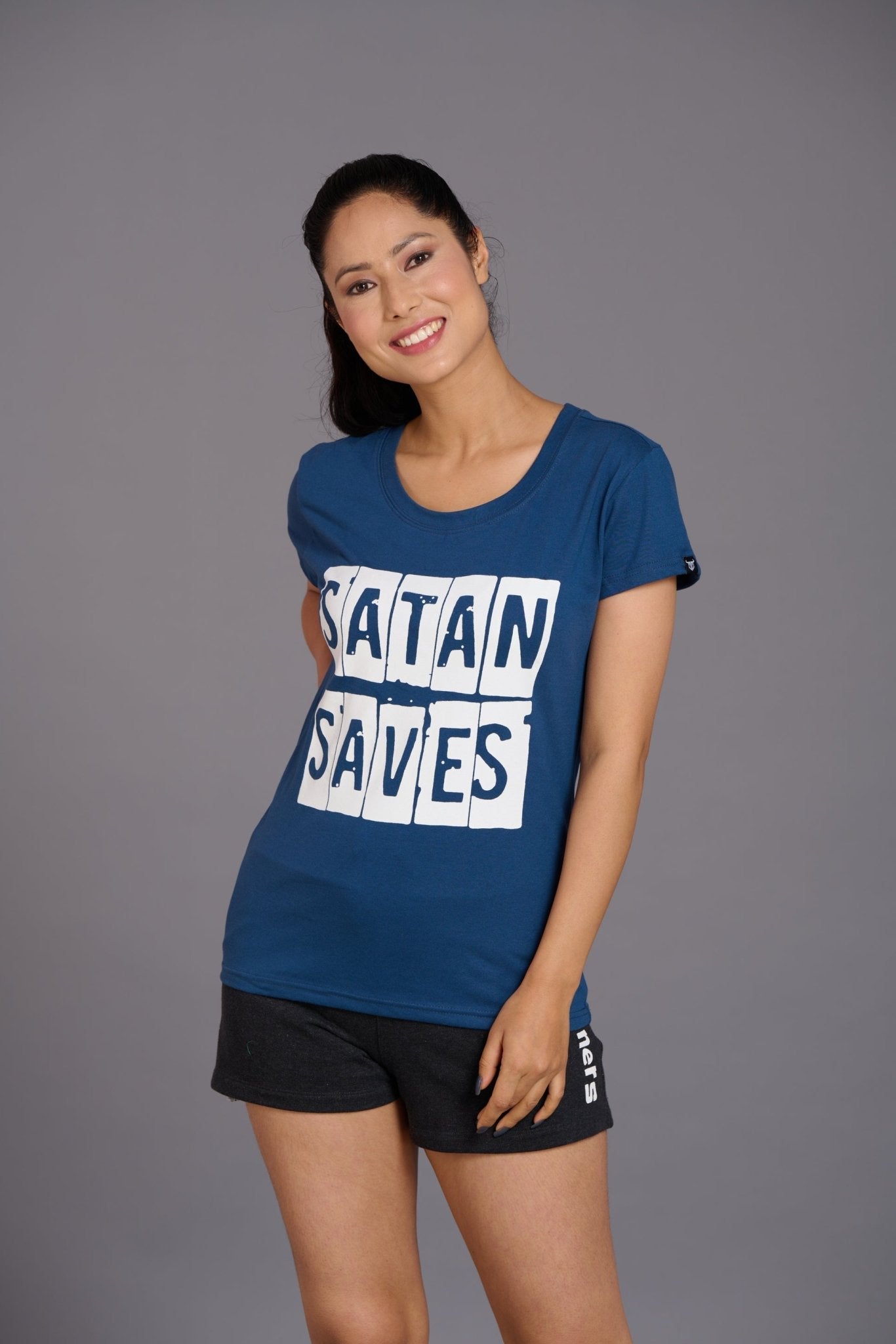 Satan Saves Printed Navy Blue T-Shirt for Women - Go Devil