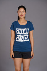 Satan Saves Printed Navy Blue T-Shirt for Women - Go Devil