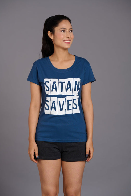 Satan Saves Printed Navy Blue T-Shirt for Women - Go Devil