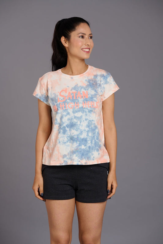 Satin in High Heel Printed Orange Oversized T-Shirt for Women - Go Devil