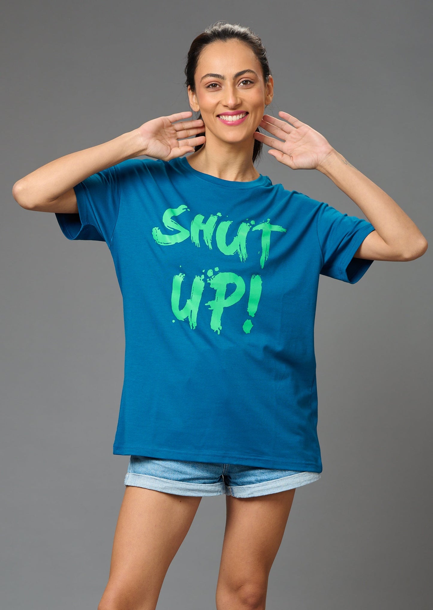 Shut Up! Printed Blue Oversized T-Shirt for Women - Go Devil