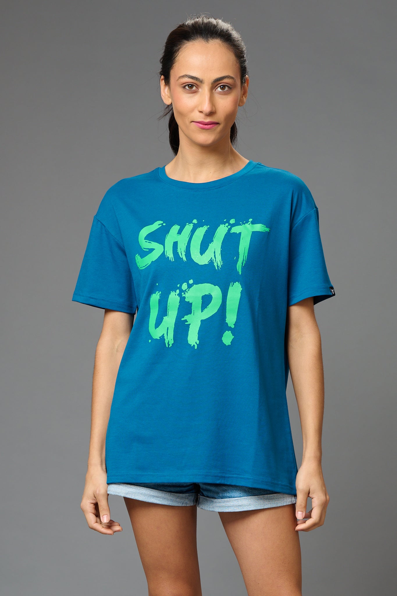 Shut Up! Printed Blue Oversized T-Shirt for Women - Go Devil