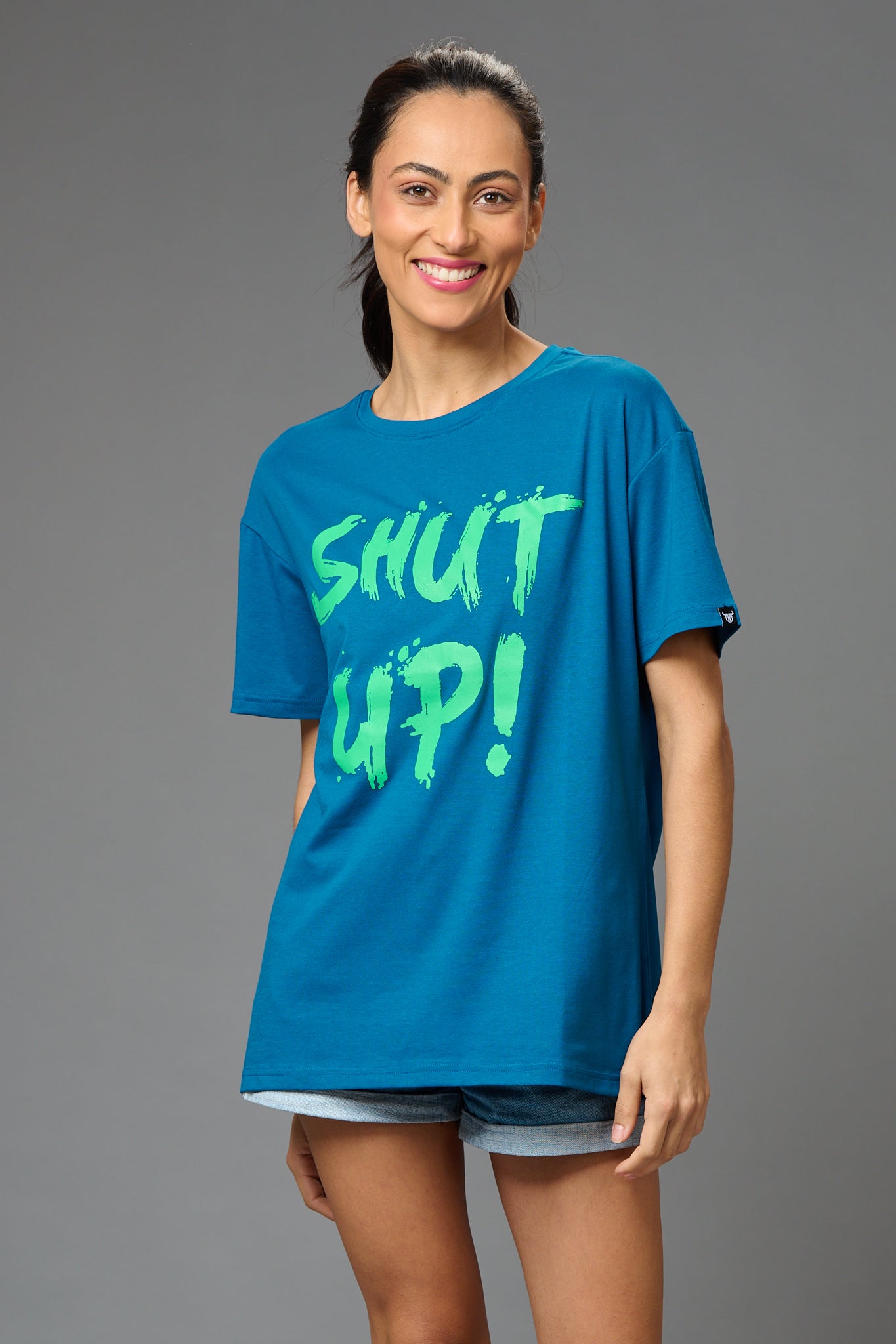 Shut Up! Printed Blue Oversized T-Shirt for Women - Go Devil