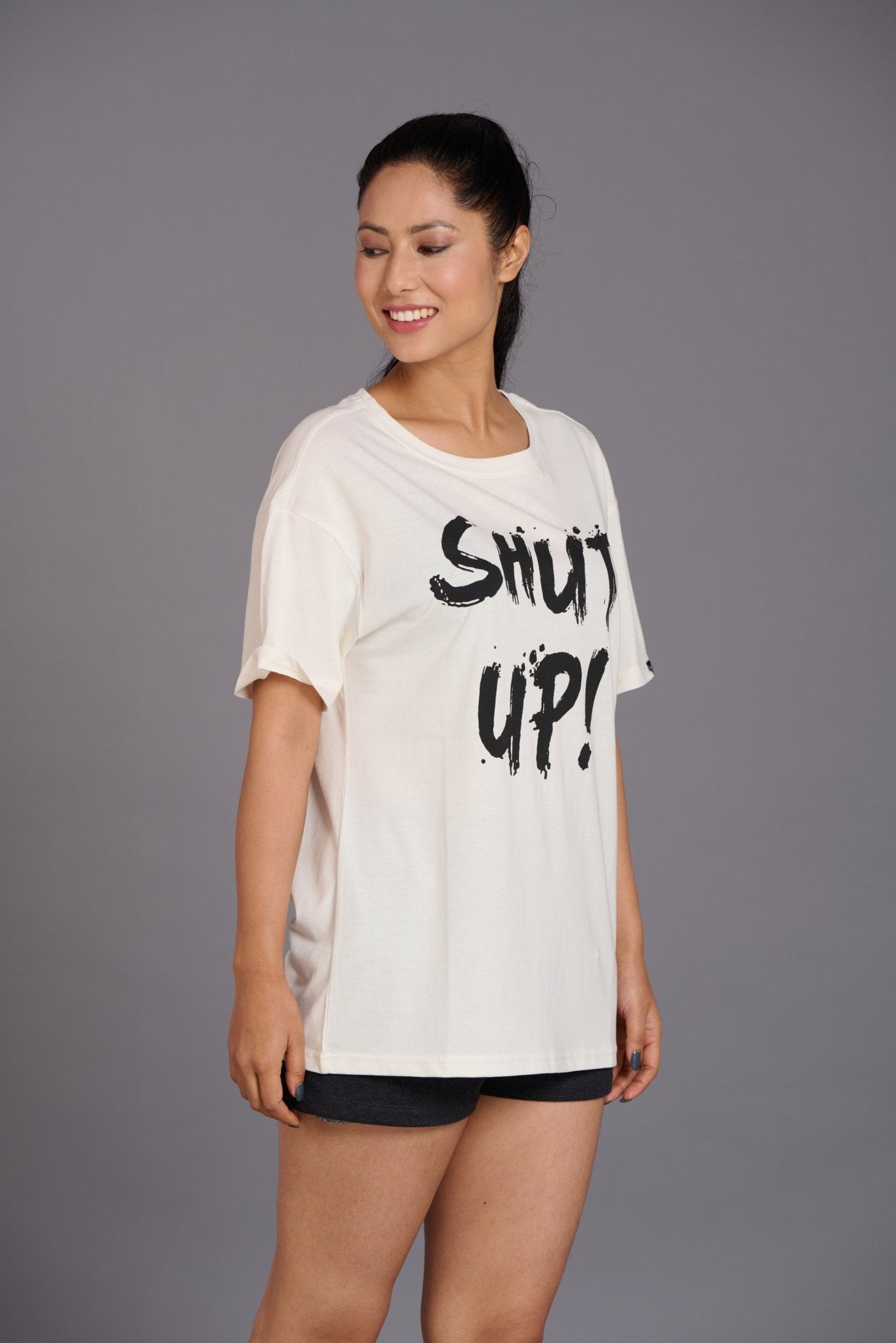 Shut Up Printed Ivory Oversized T-Shirt for Women - Go Devil