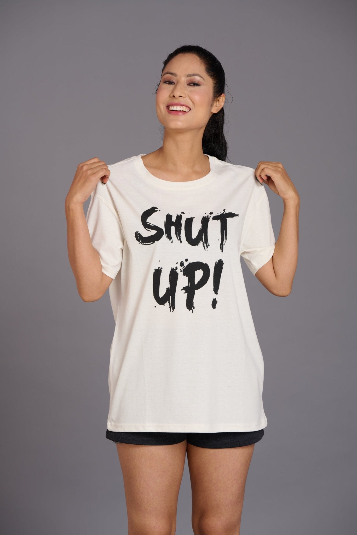 Shut Up Printed Ivory Oversized T-Shirt for Women - Go Devil