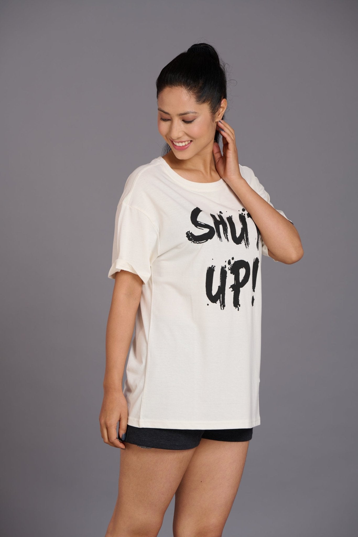 Shut Up Printed Ivory Oversized T-Shirt for Women - Go Devil