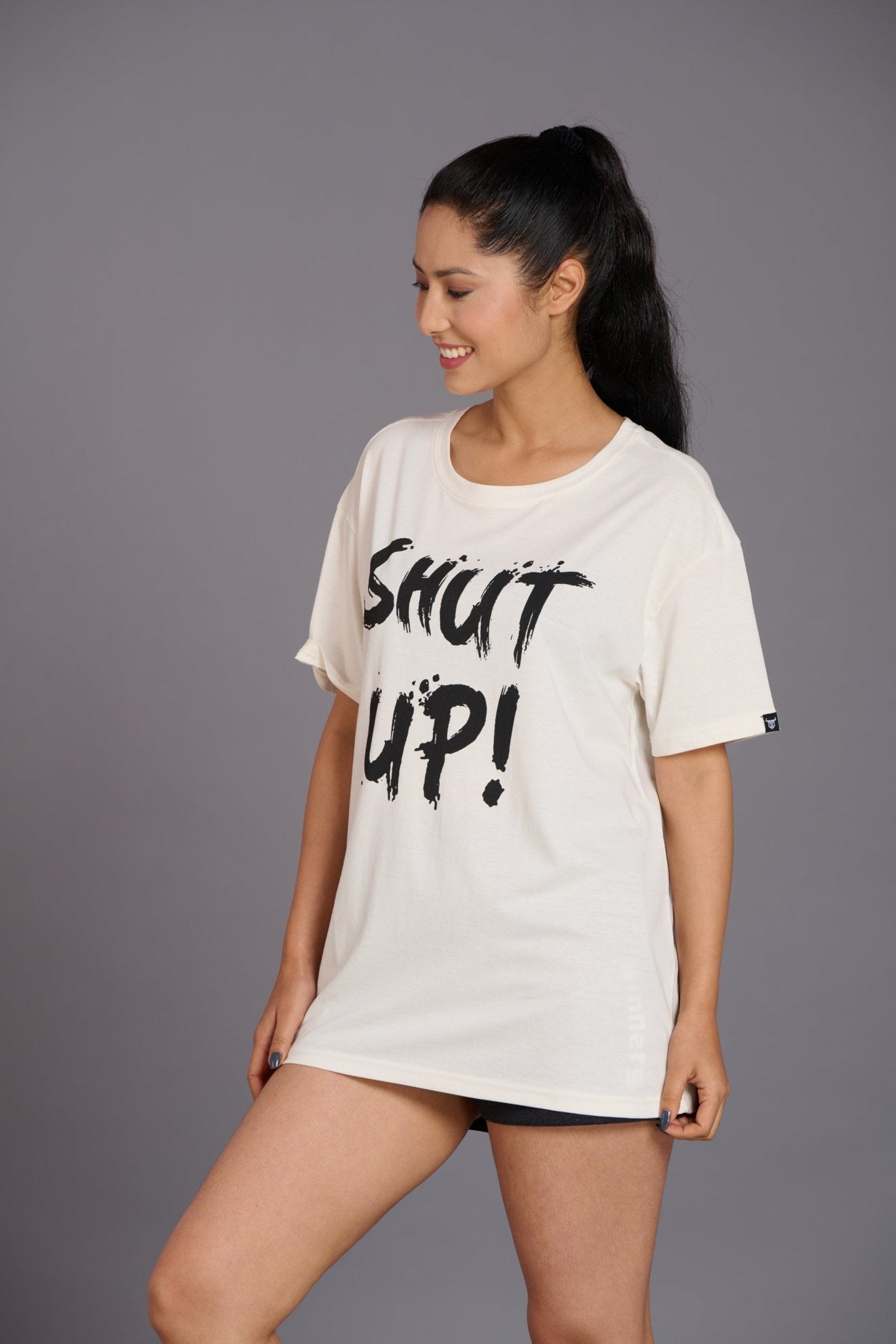 Shut Up Printed Ivory Oversized T-Shirt for Women - Go Devil