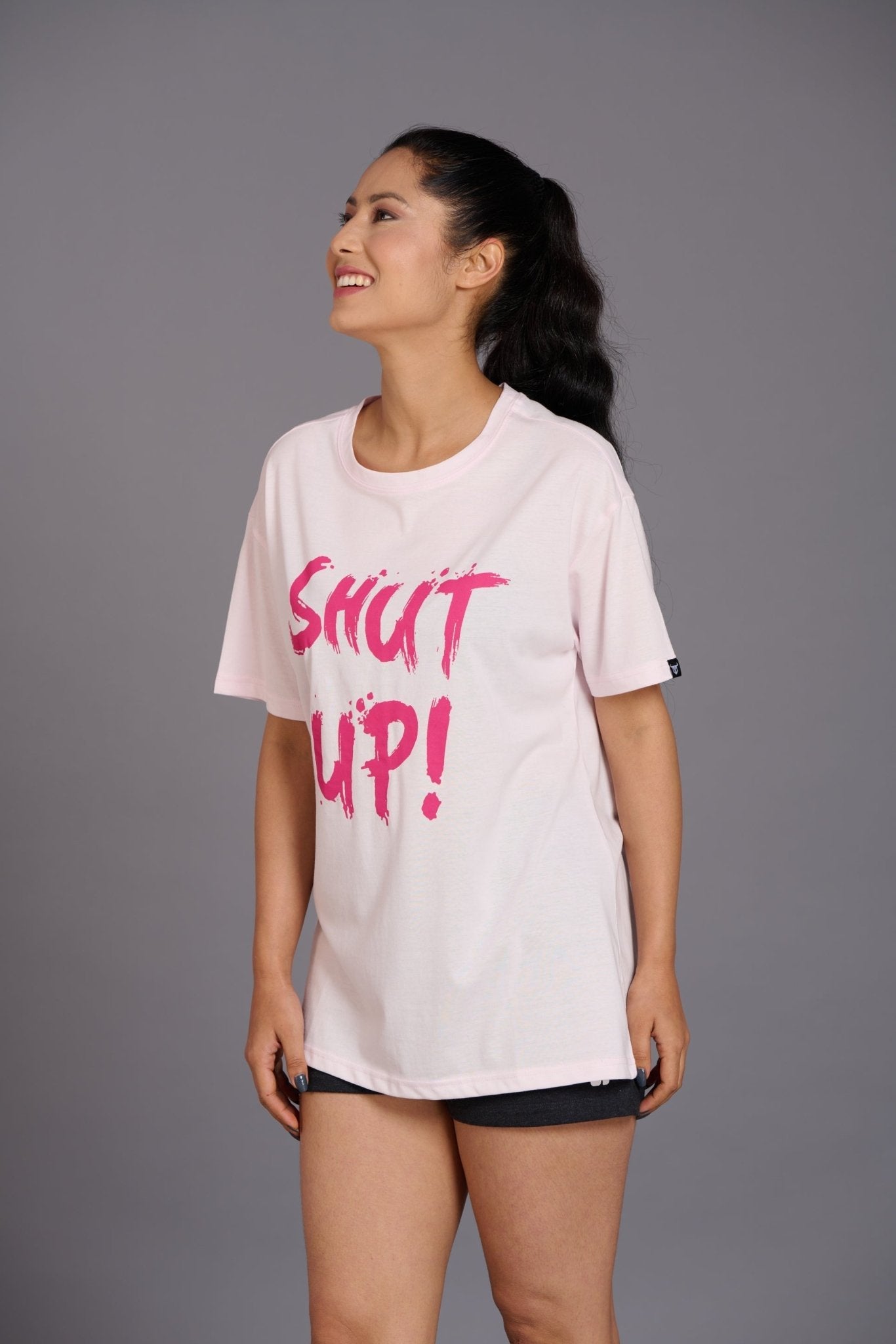 Shut Up Printed Pink Oversized T-Shirt for Women - Go Devil