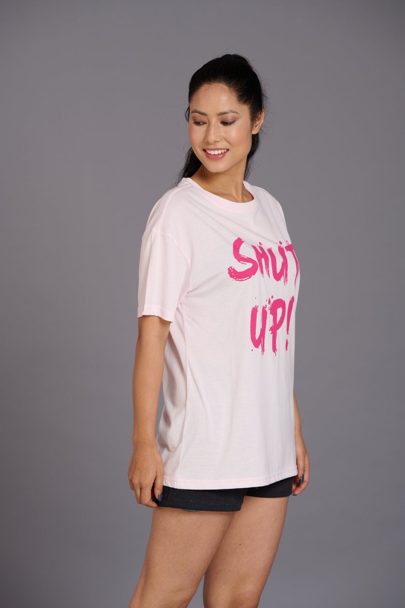 Shut Up Printed Pink Oversized T-Shirt for Women - Go Devil