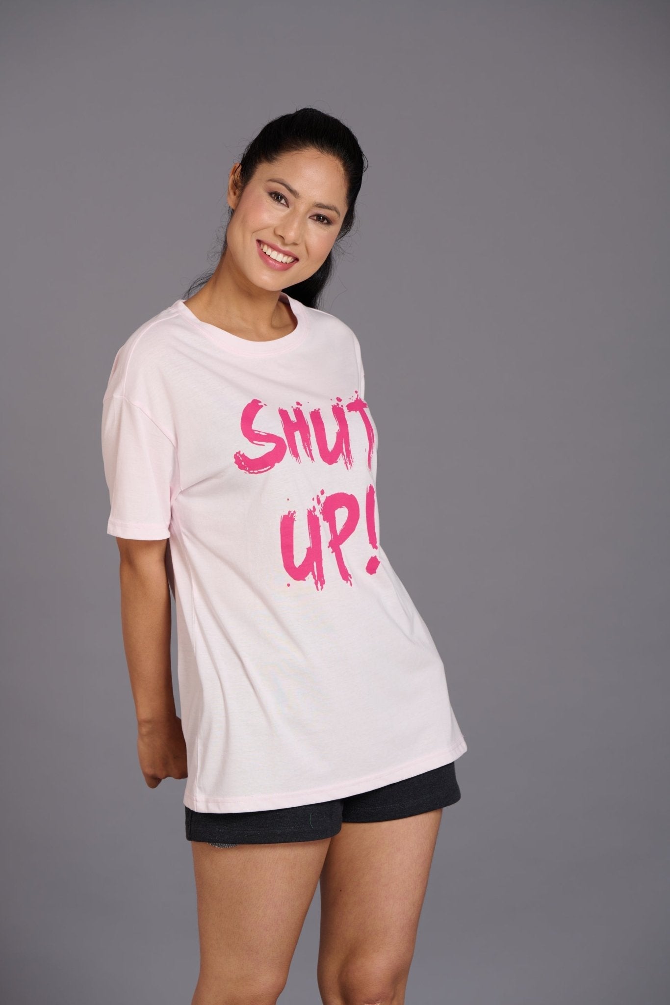 Shut Up Printed Pink Oversized T-Shirt for Women - Go Devil