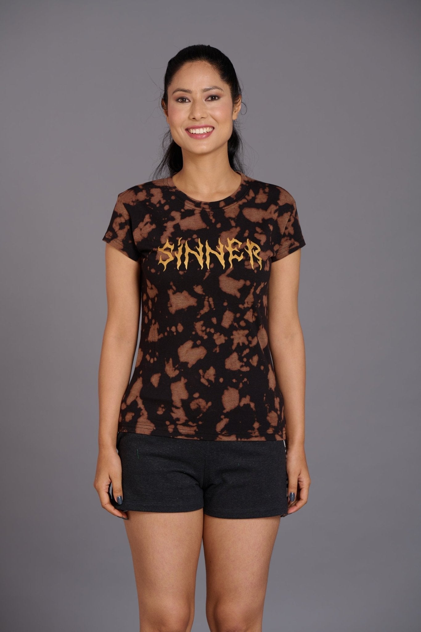 Sinner Printed Black & Brown T-Shirt for Women - Go Devil