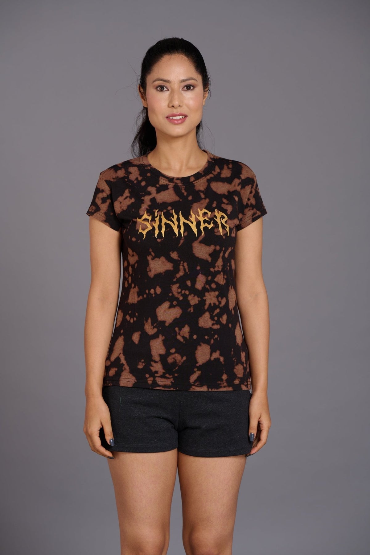 Sinner Printed Black & Brown T-Shirt for Women - Go Devil