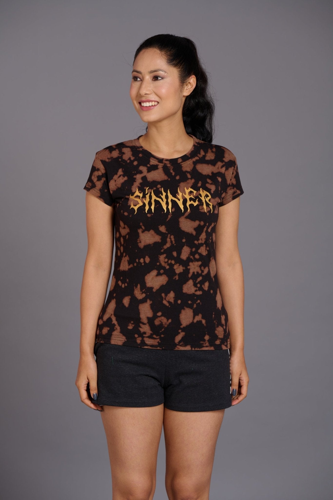 Sinner Printed Black & Brown T-Shirt for Women - Go Devil