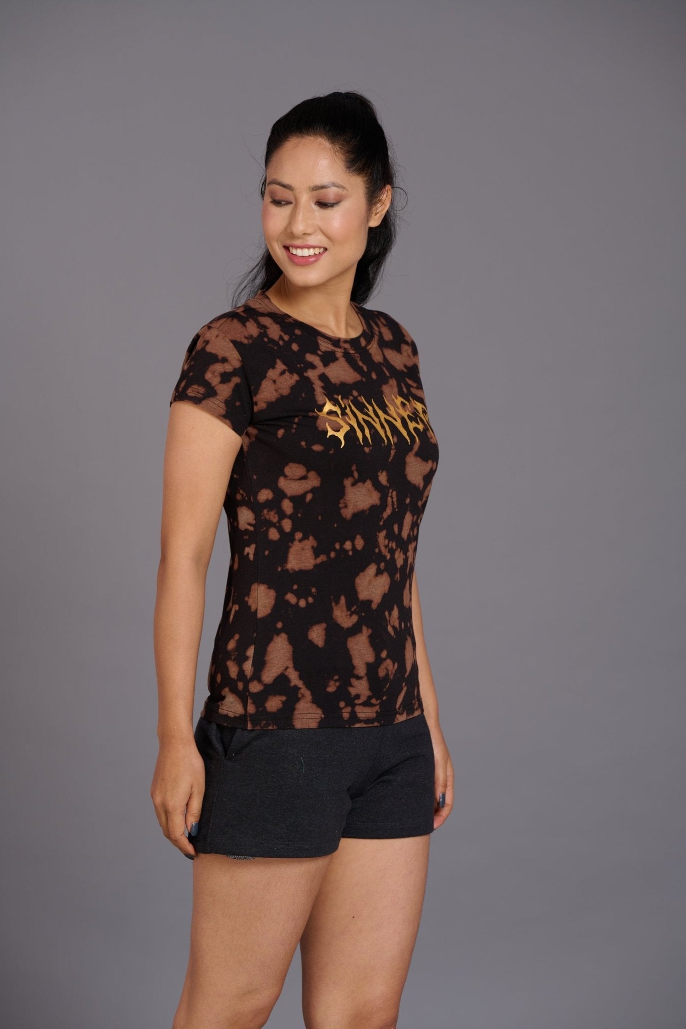 Sinner Printed Black & Brown T-Shirt for Women - Go Devil