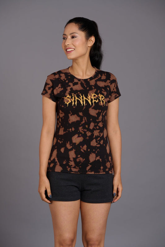 Sinner Printed Brown & Black Oversized T-Shirt for Women - Go Devil