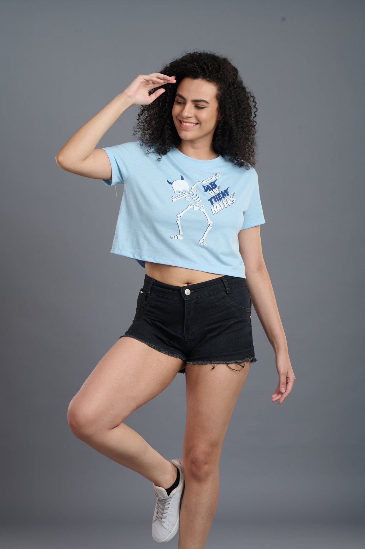 Skeleton Printed Sky Blue Crop Top for Women - Go Devil