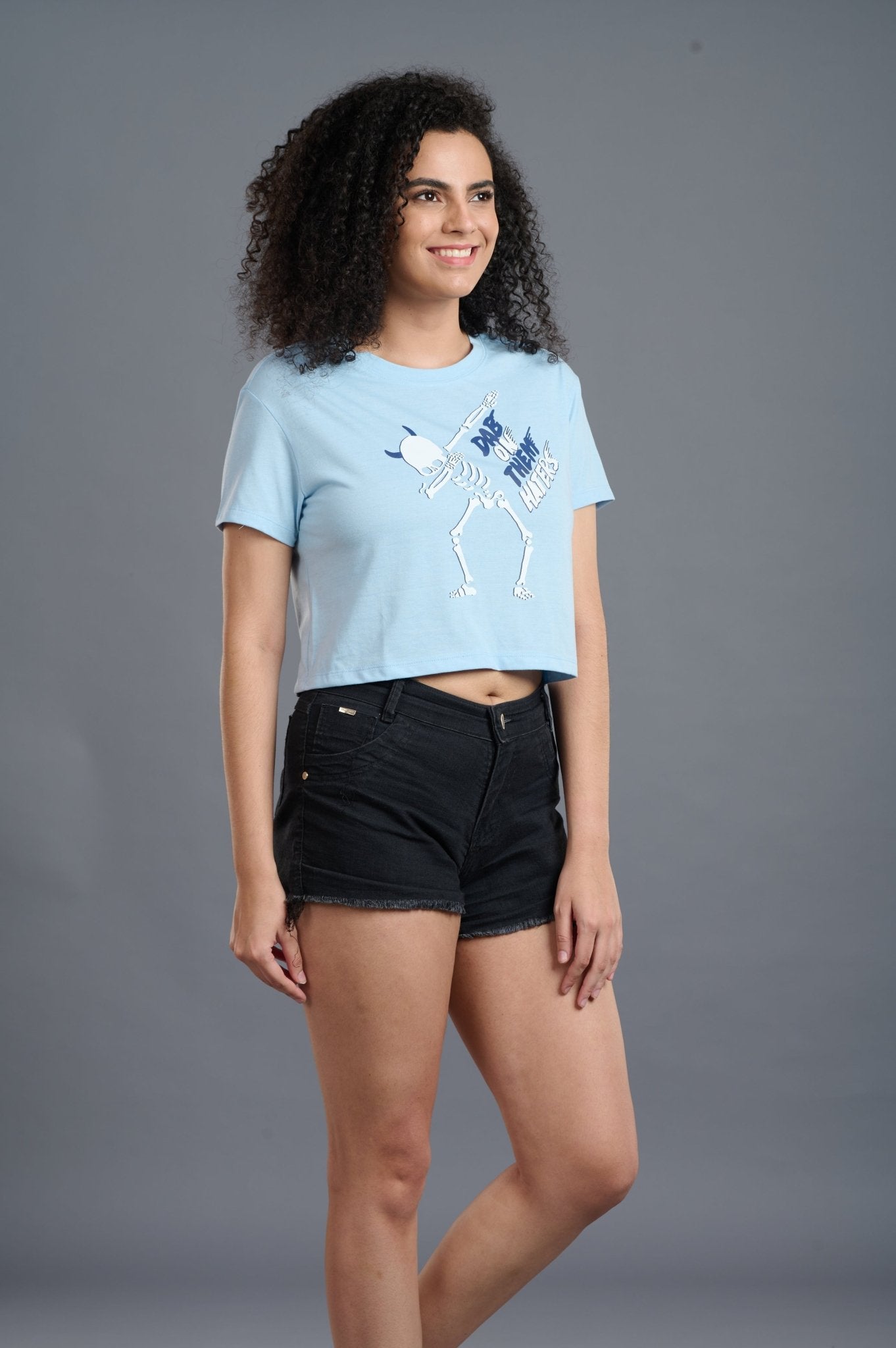 Skeleton Printed Sky Blue Crop Top for Women - Go Devil