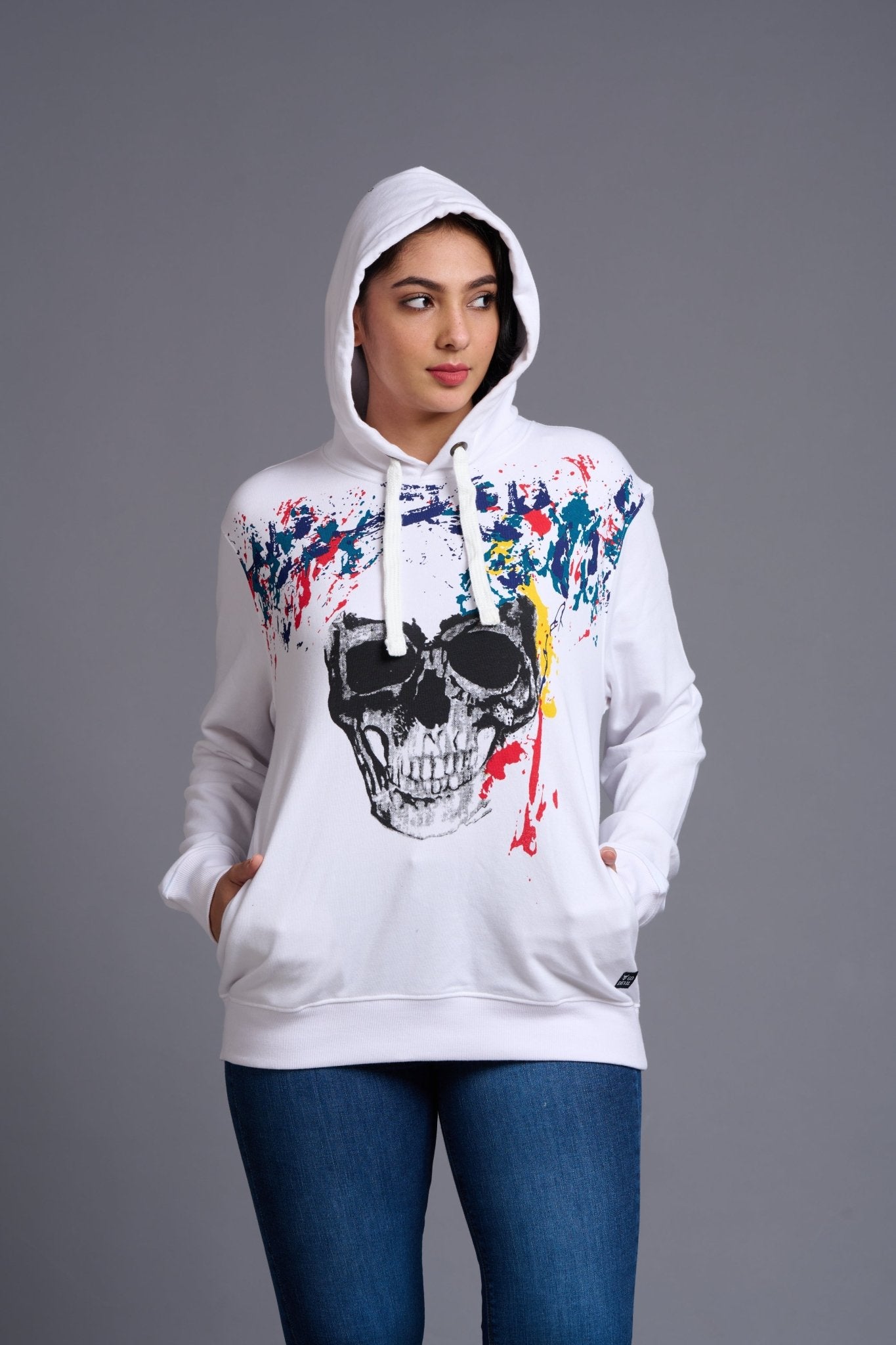 Skull Designed White Hoodie for Women - Go Devil