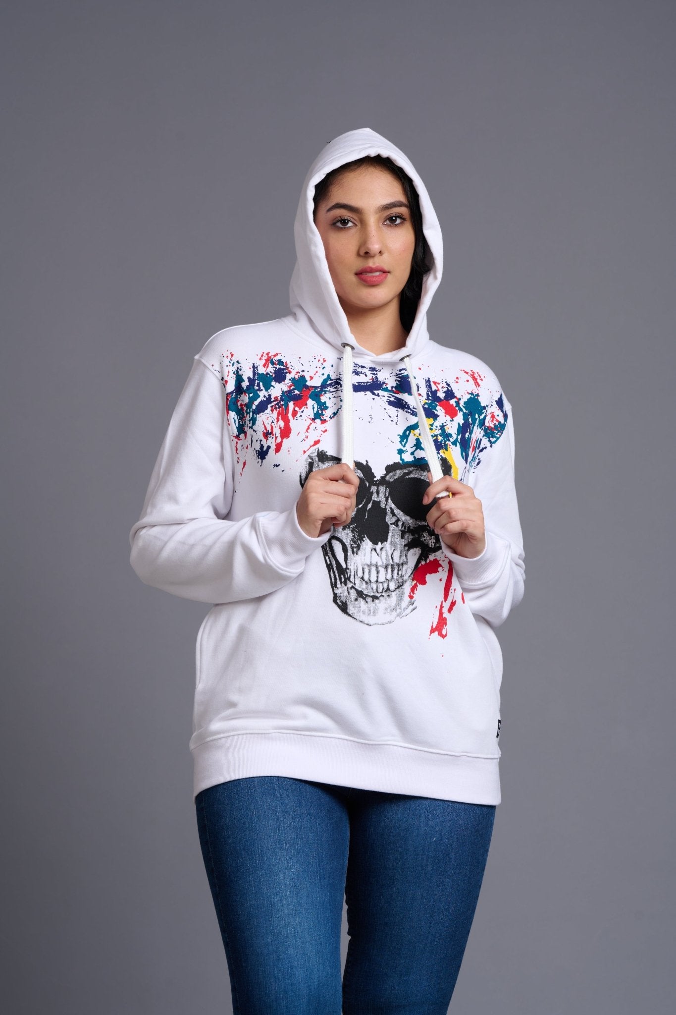Skull Designed White Hoodie for Women - Go Devil