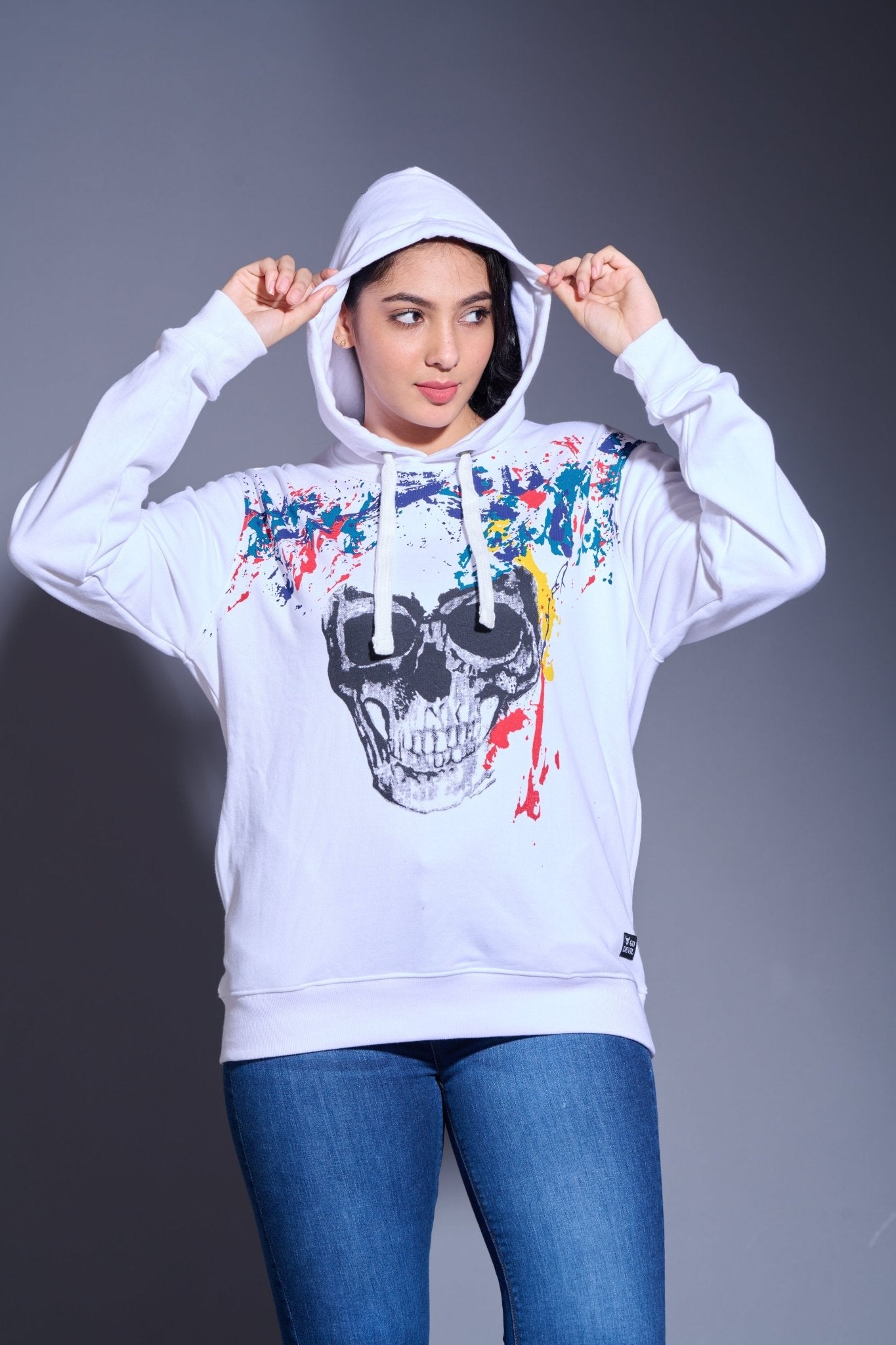 Skull Designed White Hoodie for Women - Go Devil