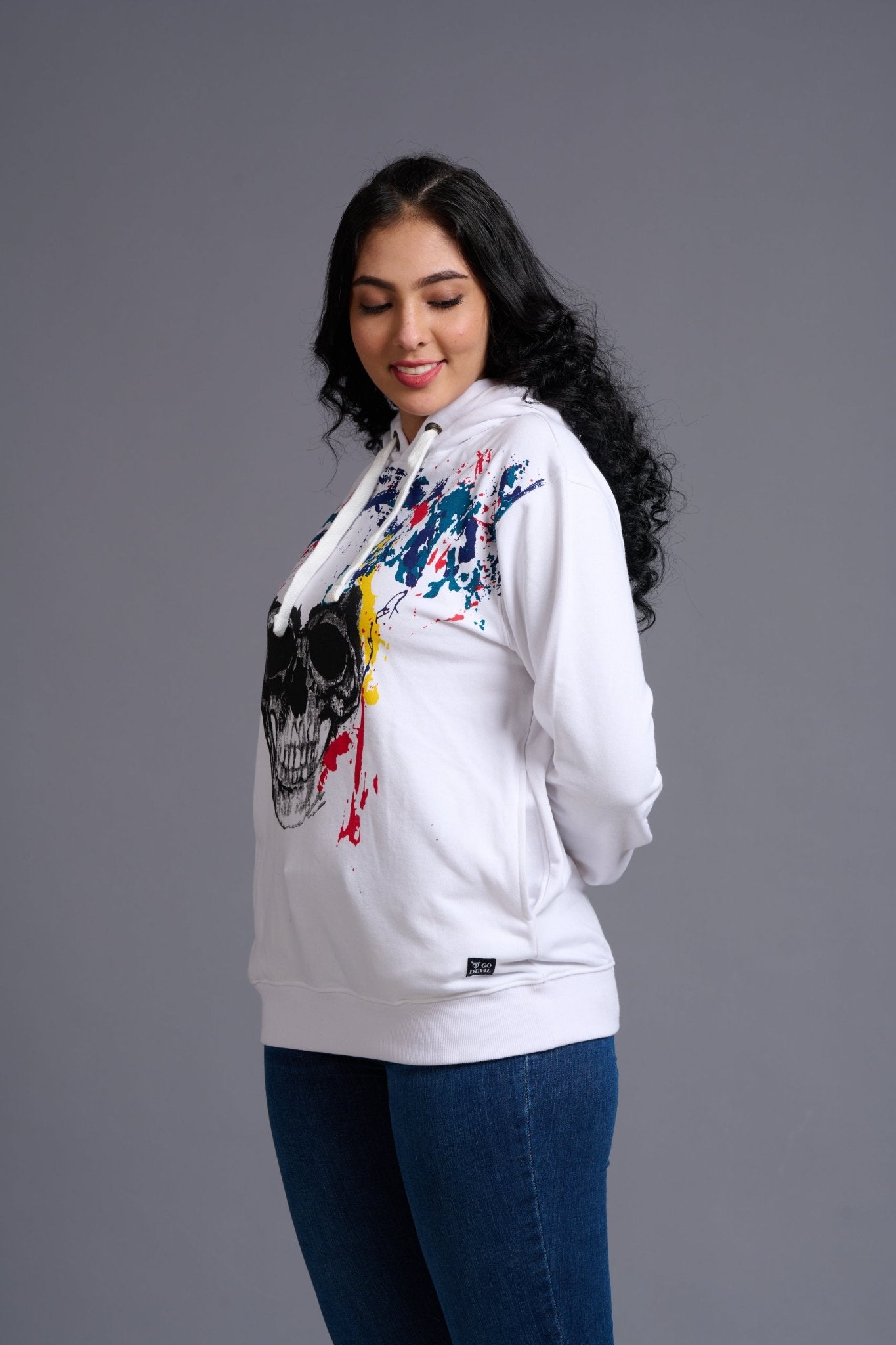 Skull Designed White Hoodie for Women - Go Devil